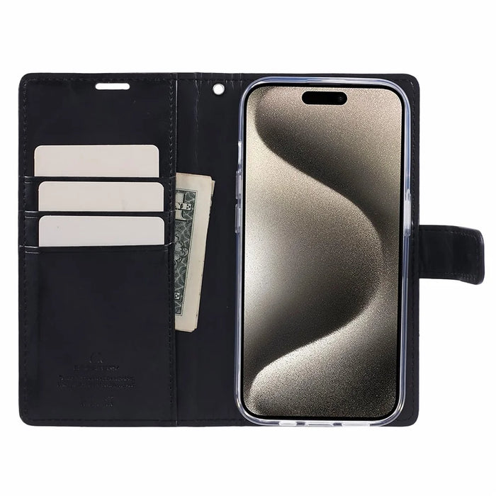 MERCURY GOOSPERY Blue Moon for iPhone 15 Pro Case Wallet PU Leather Cover - Black - 2