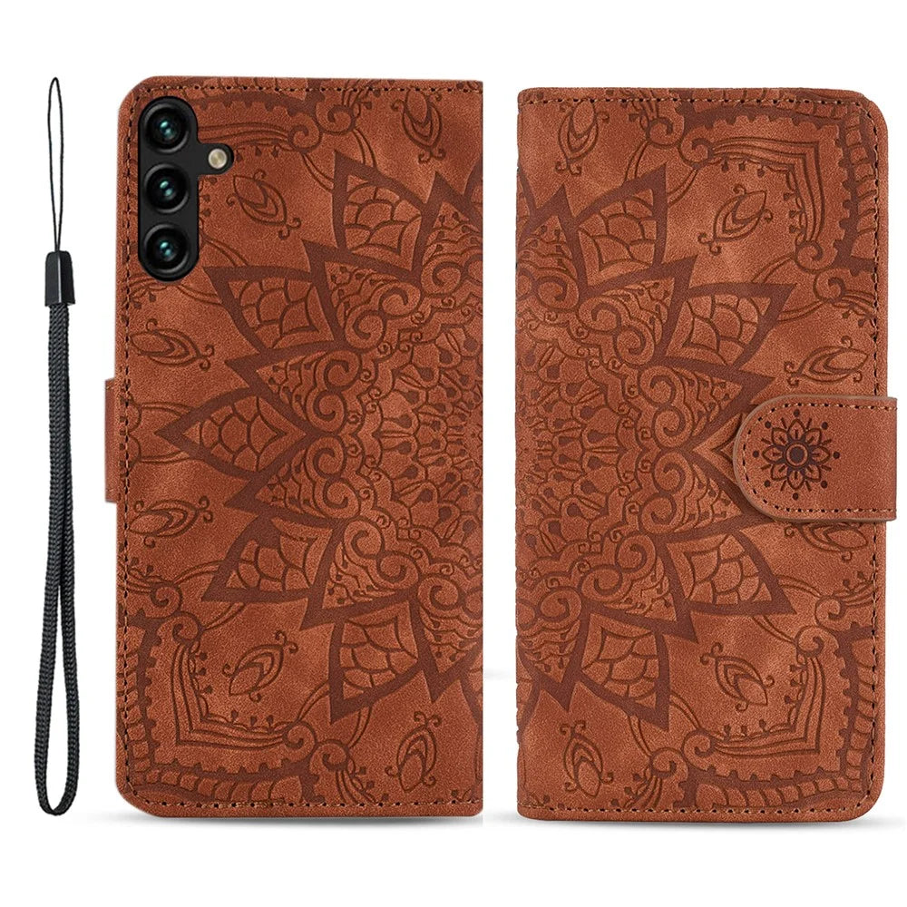 For Samsung Galaxy A15 4G Case Imprinted Flower Leather Phone Cover with Wallet - Brown - 1