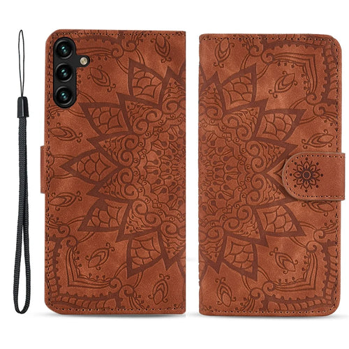 For Samsung Galaxy A15 4G Case Imprinted Flower Leather Phone Cover with Wallet - Brown - 1