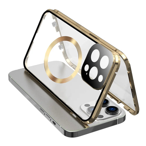 For iPhone 15 Pro Max Case Double Sided HD Tempered Glass Phone Cover Compatible with MagSafe - Gold - 1