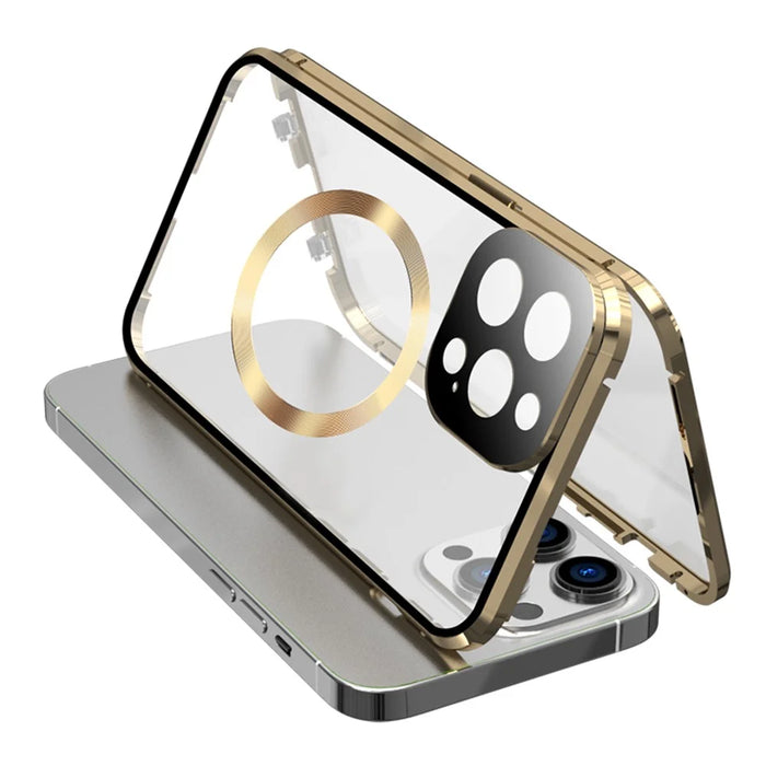 For iPhone 15 Pro Max Case Double Sided HD Tempered Glass Phone Cover Compatible with MagSafe - Gold - 1