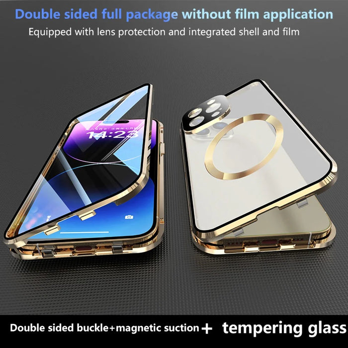 For iPhone 15 Pro Max Case Double Sided HD Tempered Glass Phone Cover Compatible with MagSafe - Gold - 6