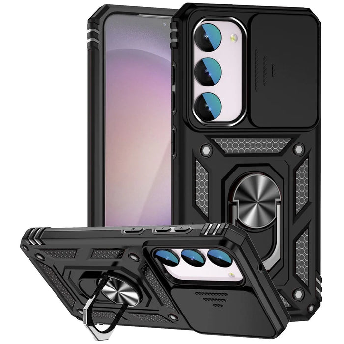 For Samsung Galaxy S23 FE Case Slide Camera Lid PC+TPU Cellphone Cover with Ring Kickstand - Black - 1