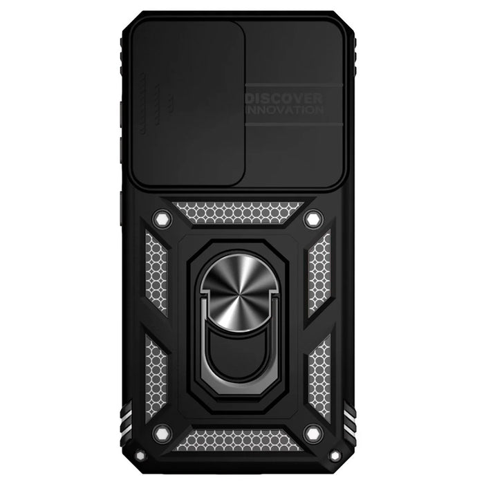 For Samsung Galaxy S23 FE Case Slide Camera Lid PC+TPU Cellphone Cover with Ring Kickstand - Black - 2