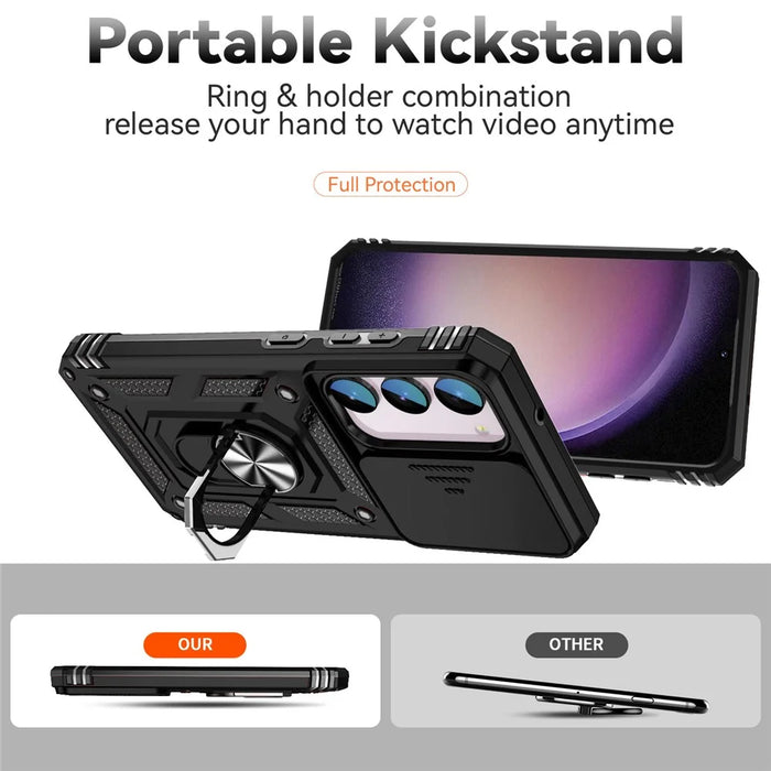 For Samsung Galaxy S23 FE Case Slide Camera Lid PC+TPU Cellphone Cover with Ring Kickstand - Black - 3