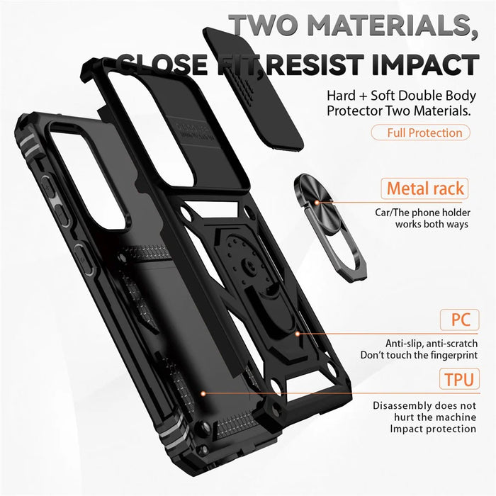 For Samsung Galaxy S23 FE Case Slide Camera Lid PC+TPU Cellphone Cover with Ring Kickstand - Black - 5