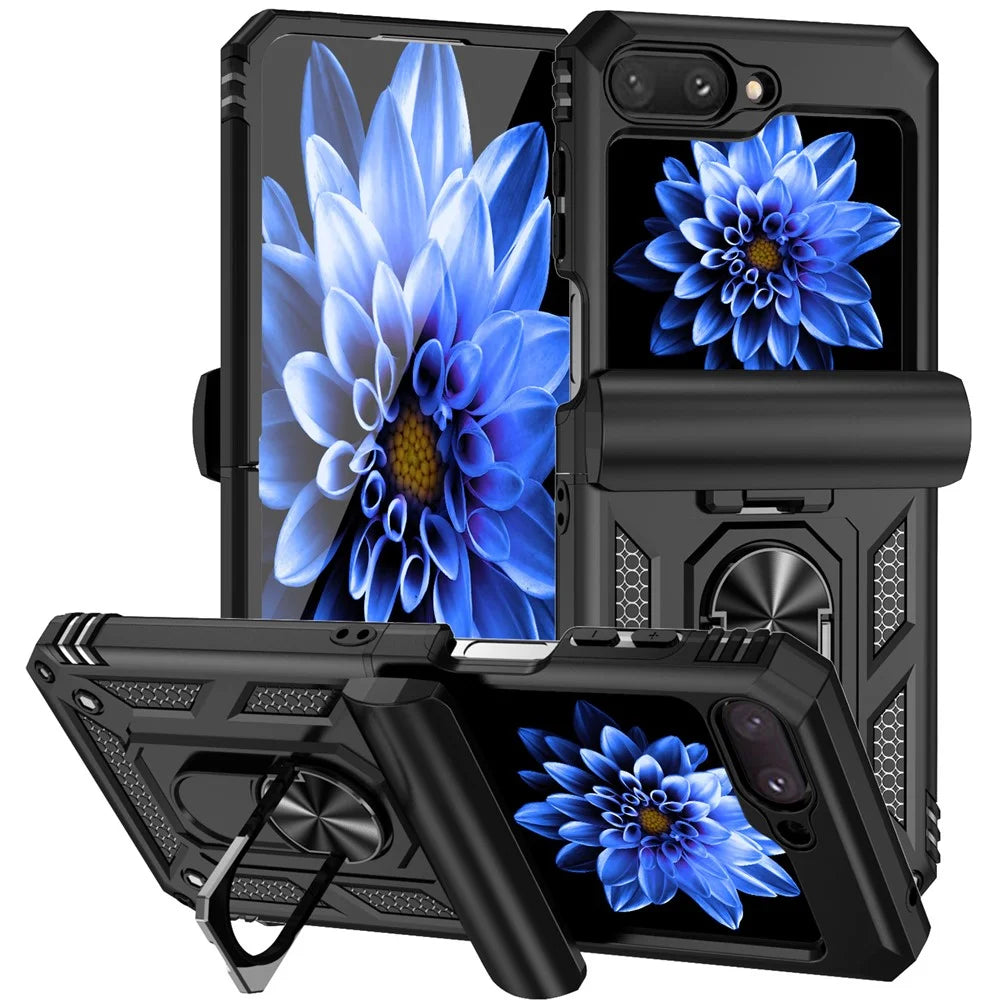 For Samsung Galaxy Z Flip5 5G Case PC+TPU Anti-fall Ring Kickstand Phone Case - Black - 1