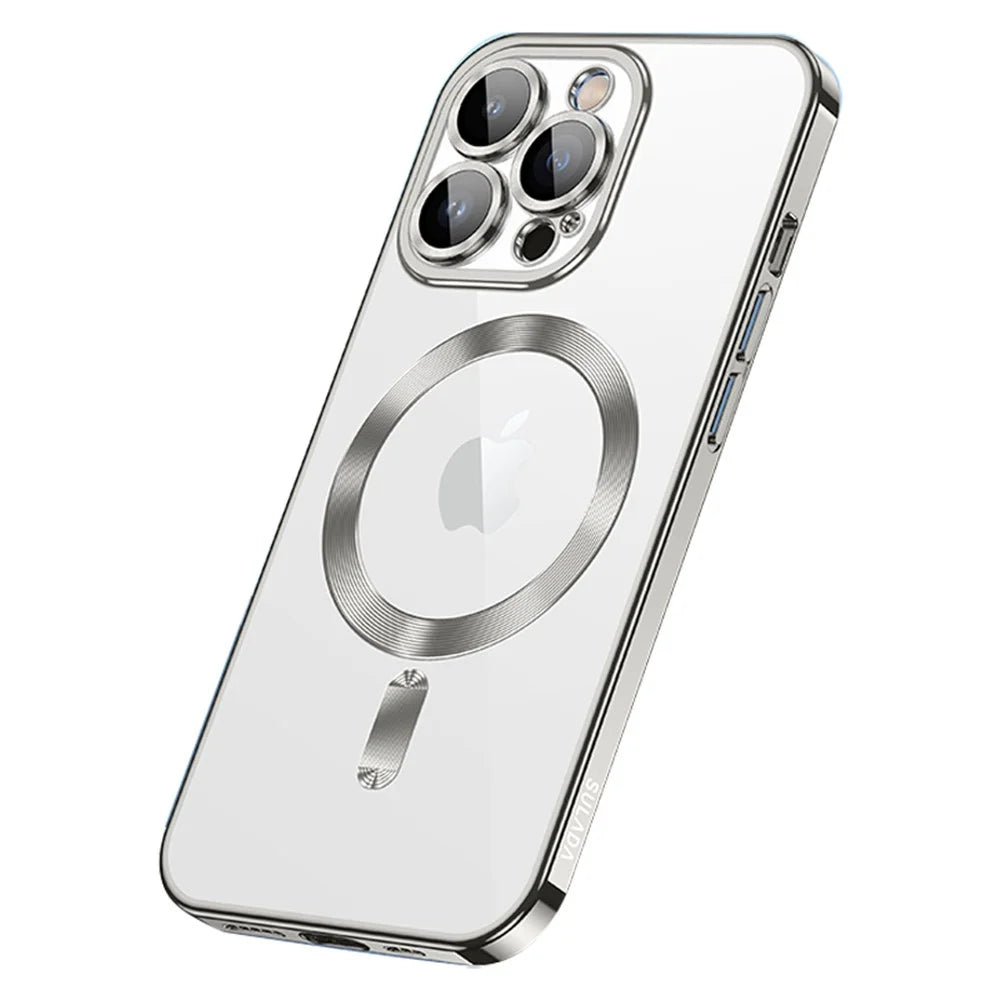 SULADA For iPhone 15 Pro Clear Phone Case Tempered Glass+TPU Cover Compatible with MagSafe - Titanium Grey - 1