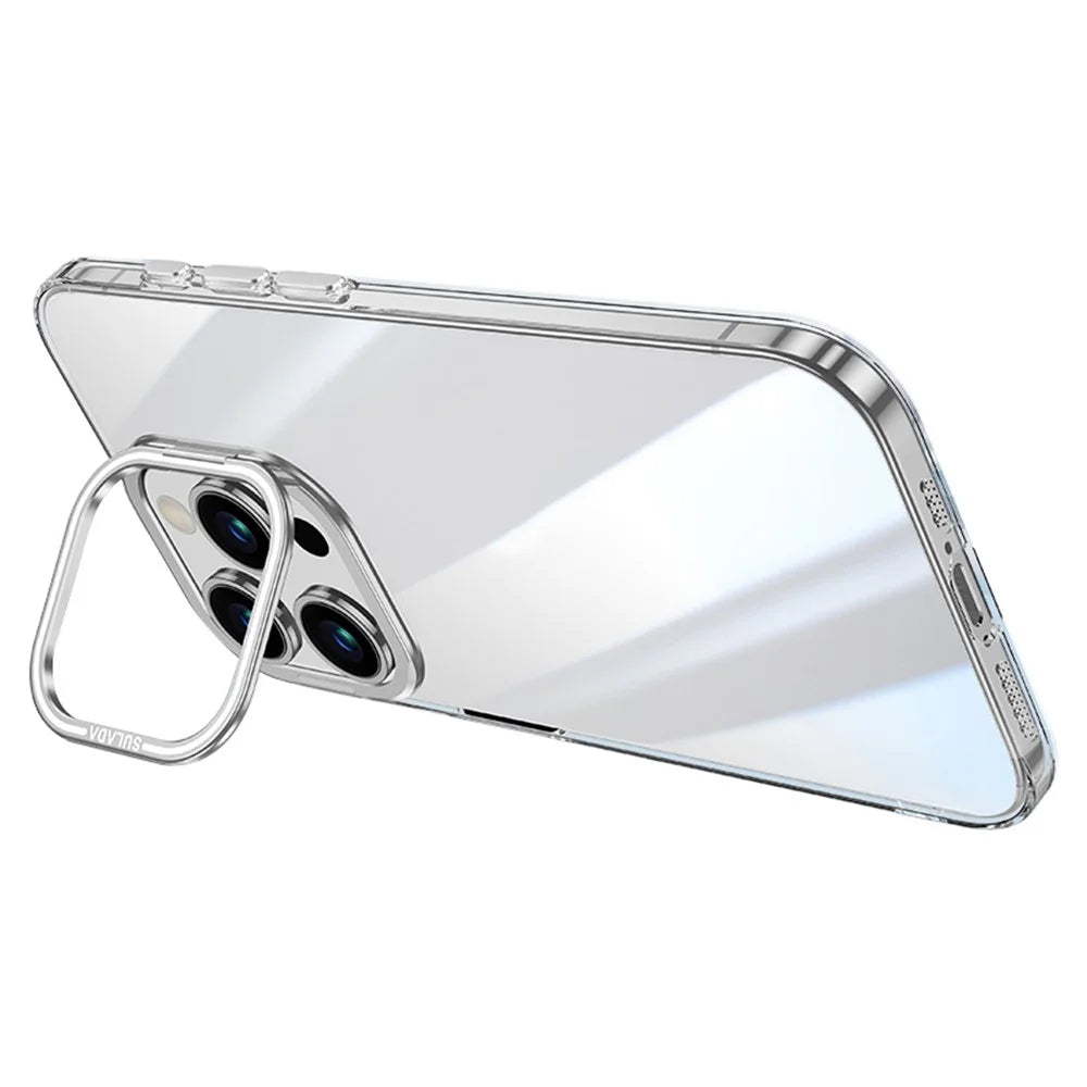 SULADA For iPhone 15 Pro Case Camera Kickstand Clear TPU+PC Phone Cover - Silver - 1
