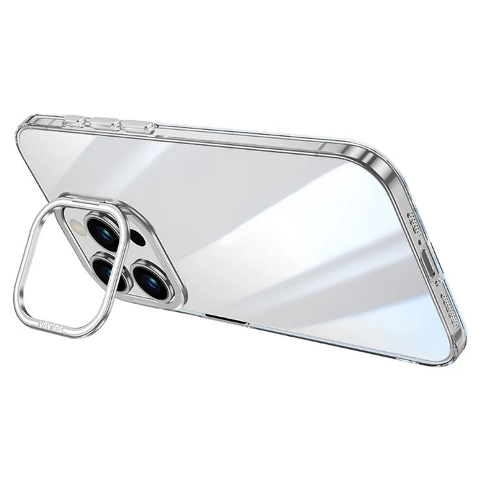 SULADA For iPhone 15 Pro Case Camera Kickstand Clear TPU+PC Phone Cover - Silver - 1