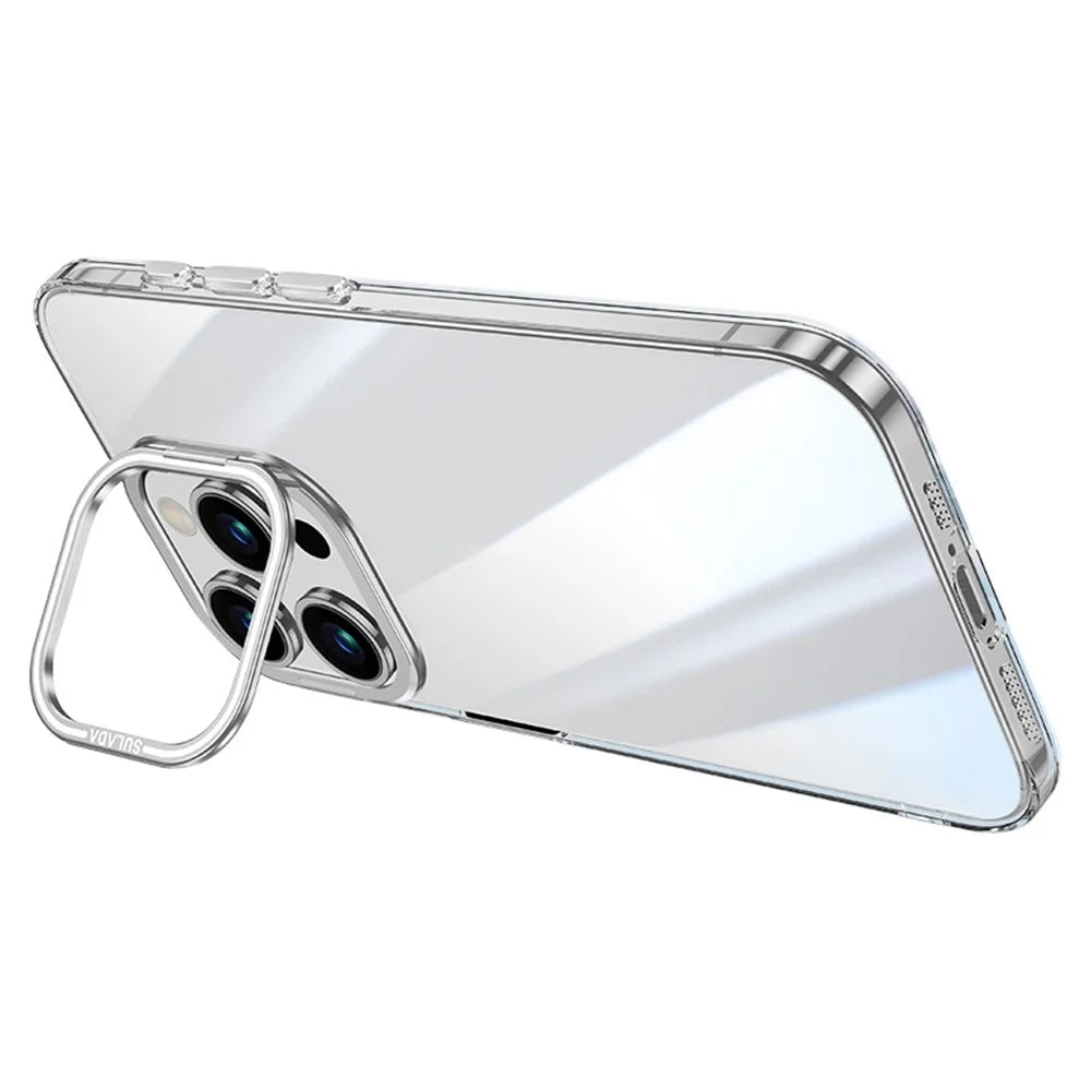 SULADA For iPhone 13 Pro Case Folding Camera Kickstand TPU+PC Clear Phone Cover - Silver - 1