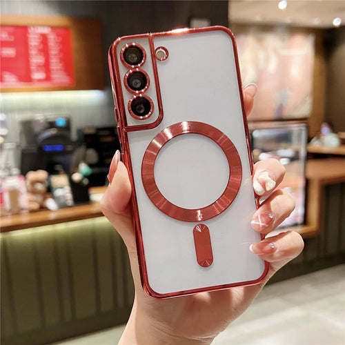 For Samsung Galaxy S23 Case Electroplated Magnetic Clear TPU Phone Back Cover - Red - 1