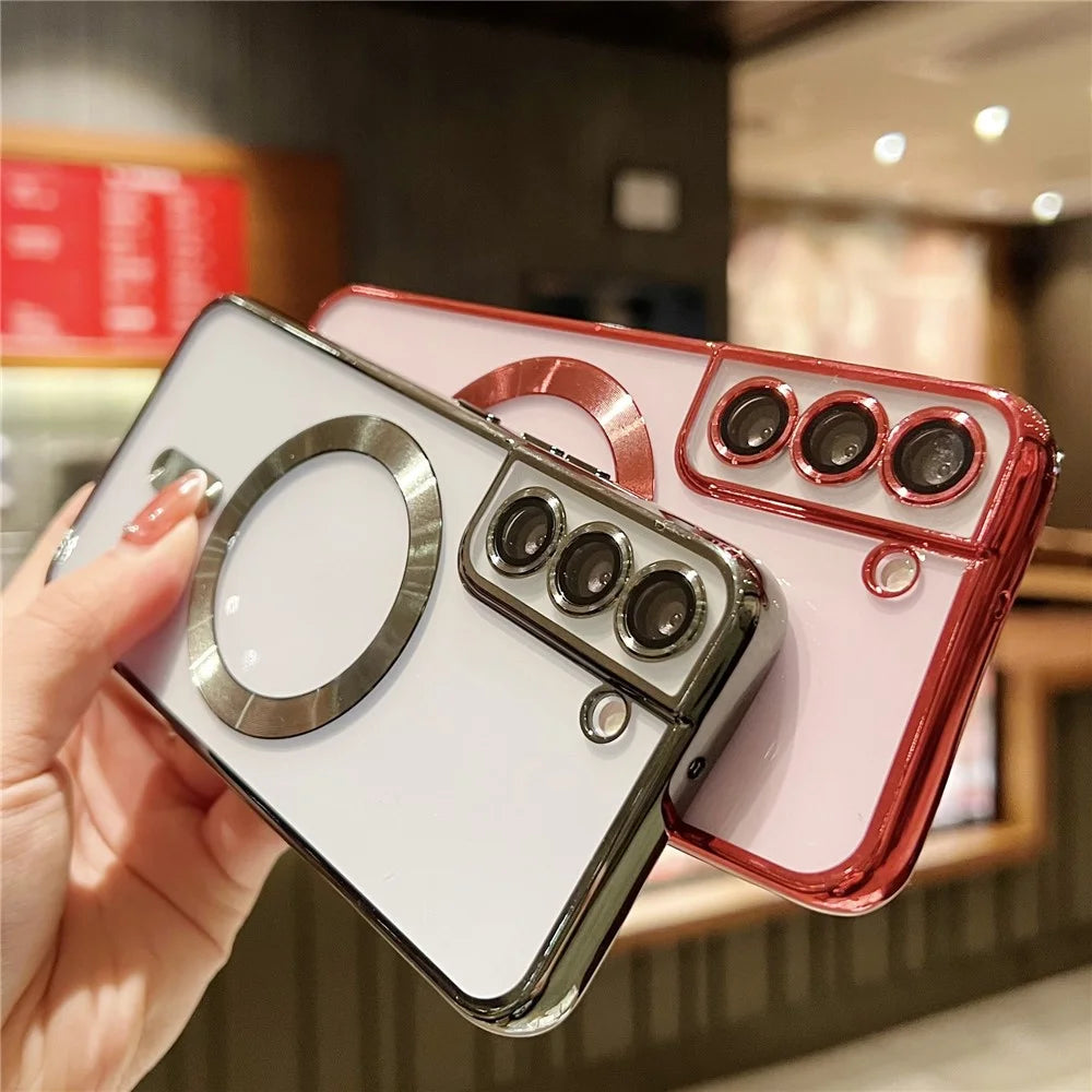 For Samsung Galaxy S23 Case Electroplated Magnetic Clear TPU Phone Back Cover - Red - 2