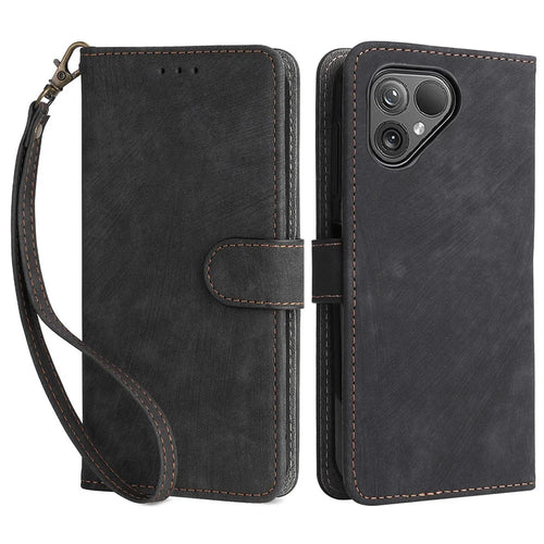 For Fairphone 5 Phone Case RFID Blocking Stand Phone Wallet Cover with Strap - Black - 1