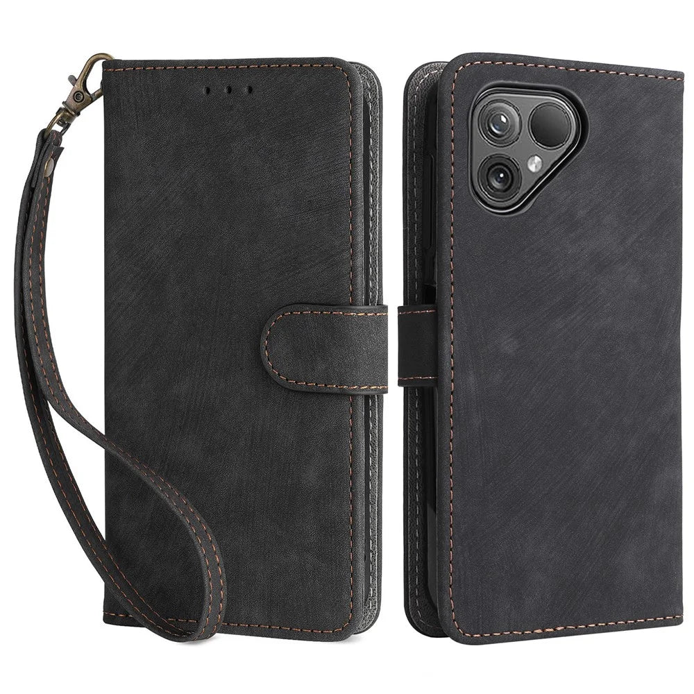 For Fairphone 5 Phone Case RFID Blocking Stand Phone Wallet Cover with Strap - Black - 1