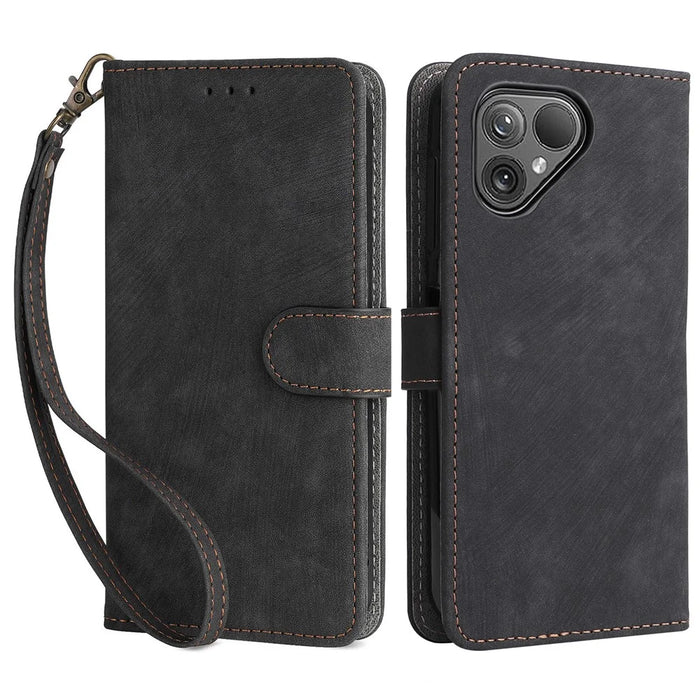 For Fairphone 5 Phone Case RFID Blocking Stand Phone Wallet Cover with Strap - Black - 1