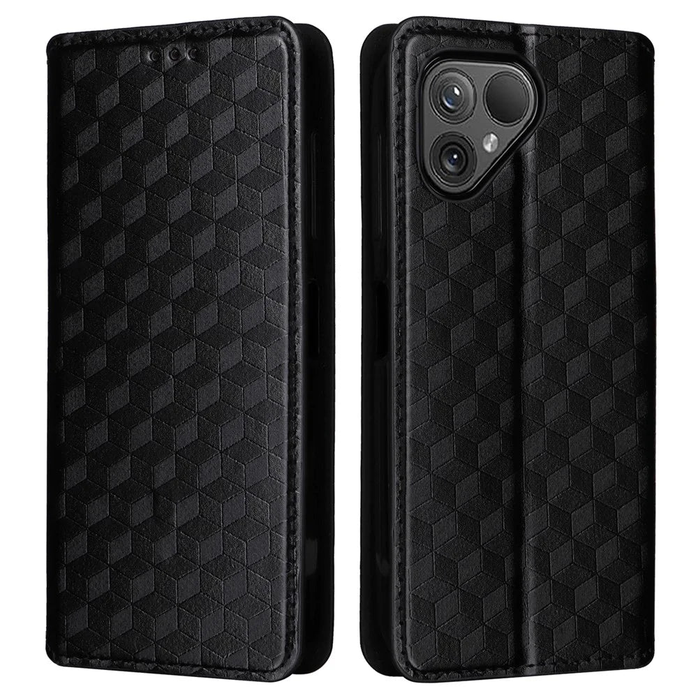 For Fairphone 5 Leather Case Rhombus Imprinted Stand Wallet Phone Cover - Black - 1
