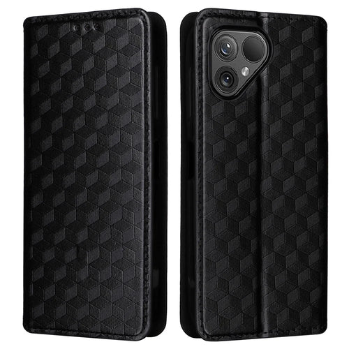 For Fairphone 5 Leather Case Rhombus Imprinted Stand Wallet Phone Cover - Black - 1