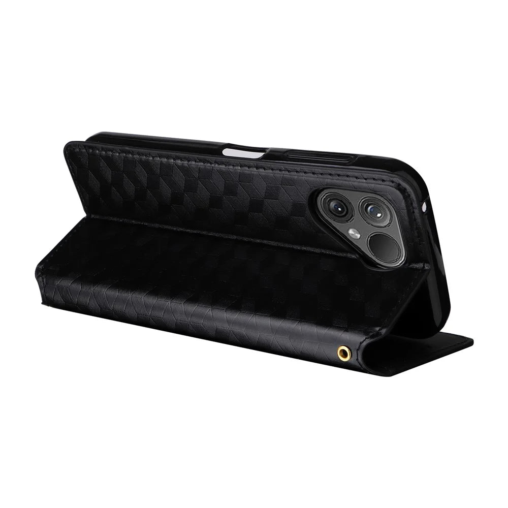 For Fairphone 5 Leather Case Rhombus Imprinted Stand Wallet Phone Cover - Black - 4