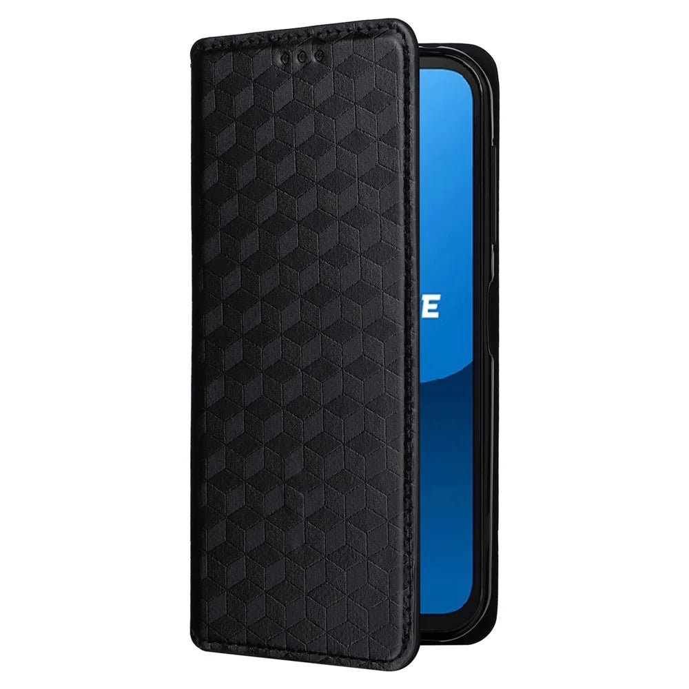 For Fairphone 5 Leather Case Rhombus Imprinted Stand Wallet Phone Cover - Black - 5