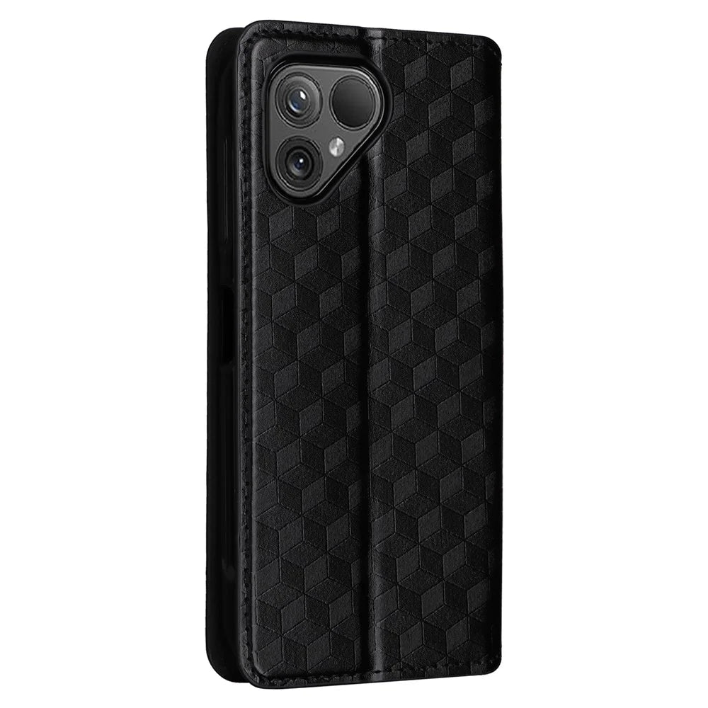 For Fairphone 5 Leather Case Rhombus Imprinted Stand Wallet Phone Cover - Black - 6