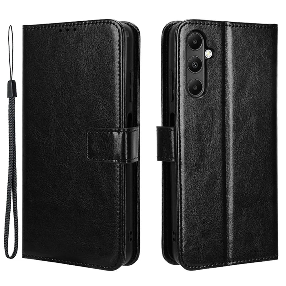 For Samsung Galaxy A05s 4G / M14 4G Case Crazy Horse Texture Stand Wallet Phone Cover - Black - 1