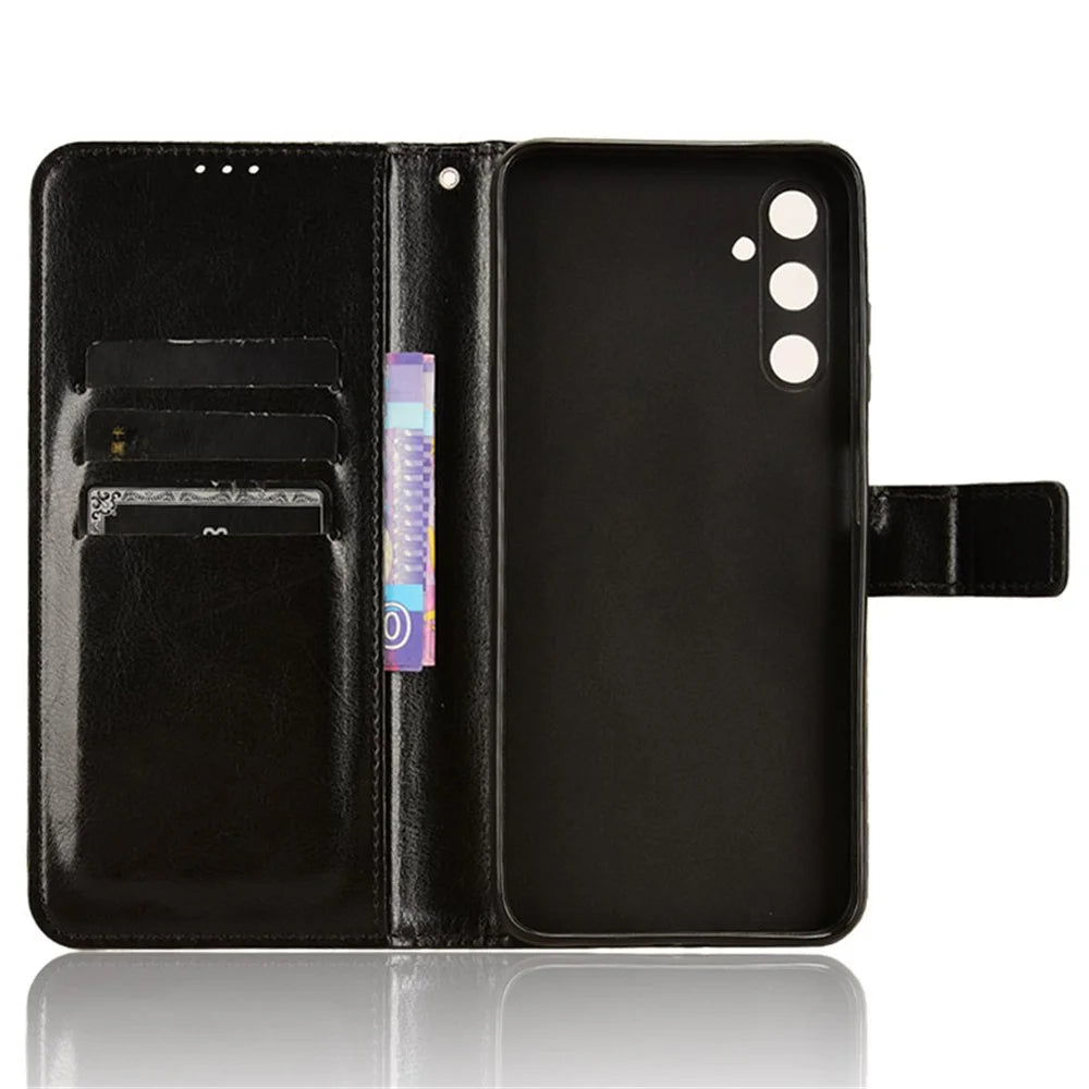 For Samsung Galaxy A05s 4G / M14 4G Case Crazy Horse Texture Stand Wallet Phone Cover - Black - 4