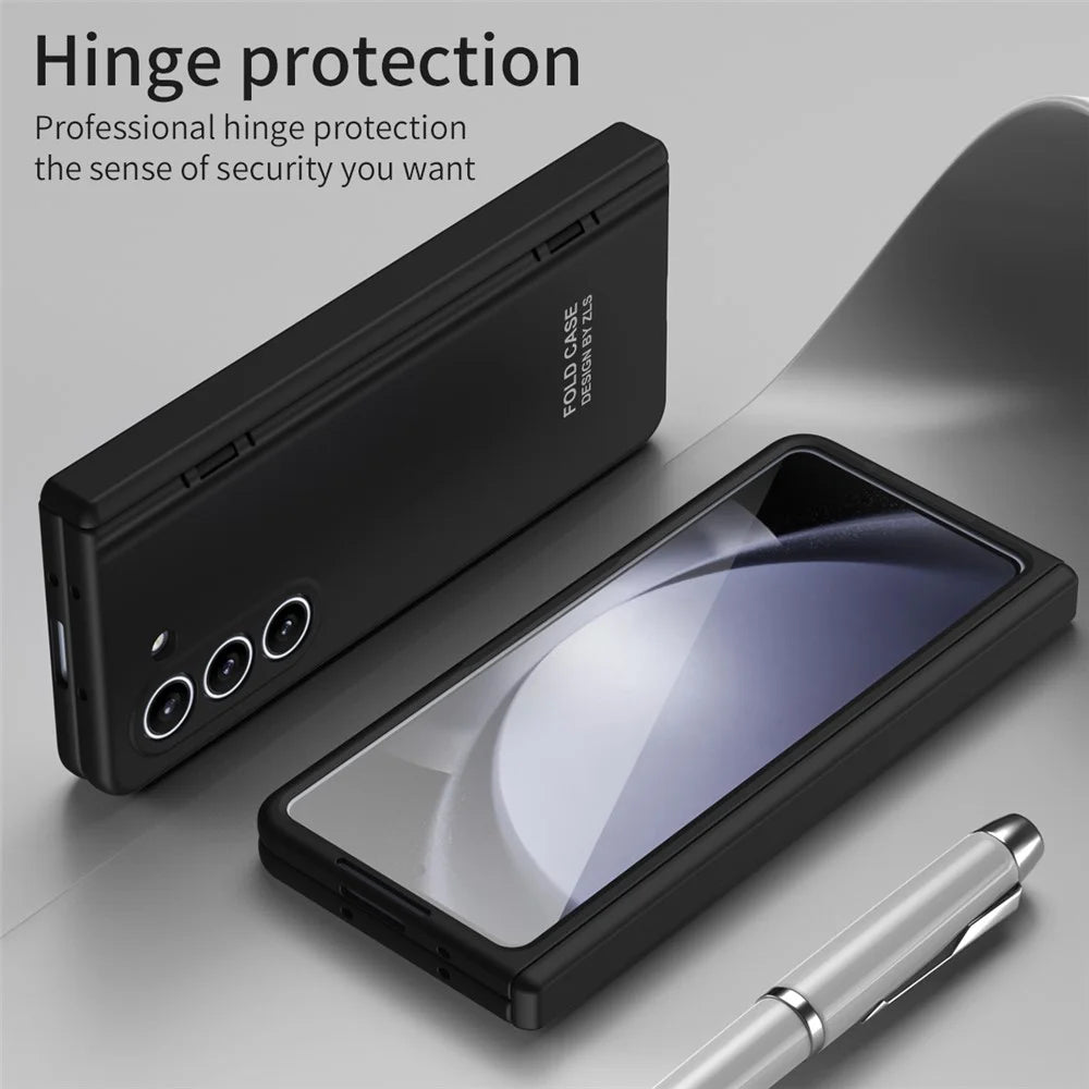 For Samsung Galaxy Z Fold5 5G Case Anti-Drop Hard PC Phone Cover with Tempered Glass Film - Black - 5