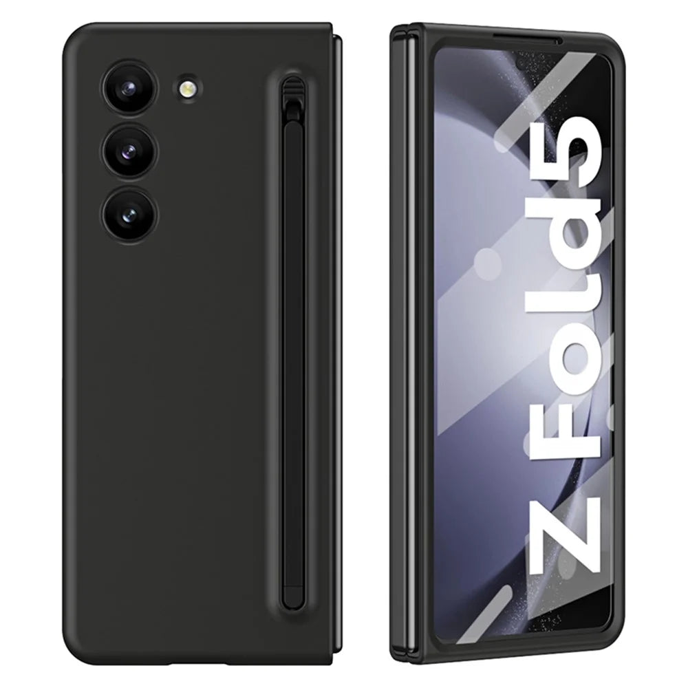 For Samsung Galaxy Z Fold5 5G Case with Stylus / Tempered Glass Film Hard PC Phone Protector - Black+Black Stylus - 1