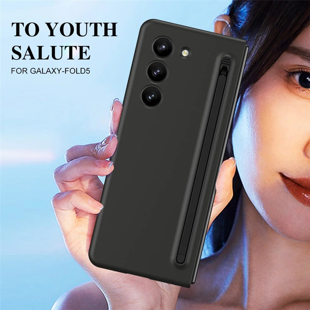 For Samsung Galaxy Z Fold5 5G Case with Stylus / Tempered Glass Film Hard PC Phone Protector - Black+Black Stylus - 5