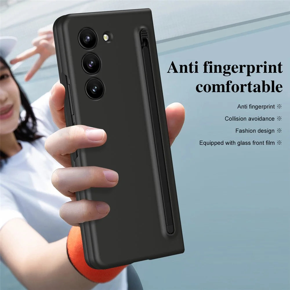 For Samsung Galaxy Z Fold5 5G Case with Stylus / Tempered Glass Film Hard PC Phone Protector - Black+Black Stylus - 6