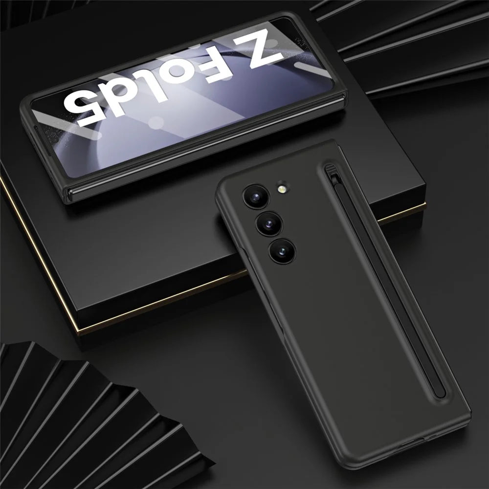 For Samsung Galaxy Z Fold5 5G Case with Stylus / Tempered Glass Film Hard PC Phone Protector - Black+Black Stylus - 7