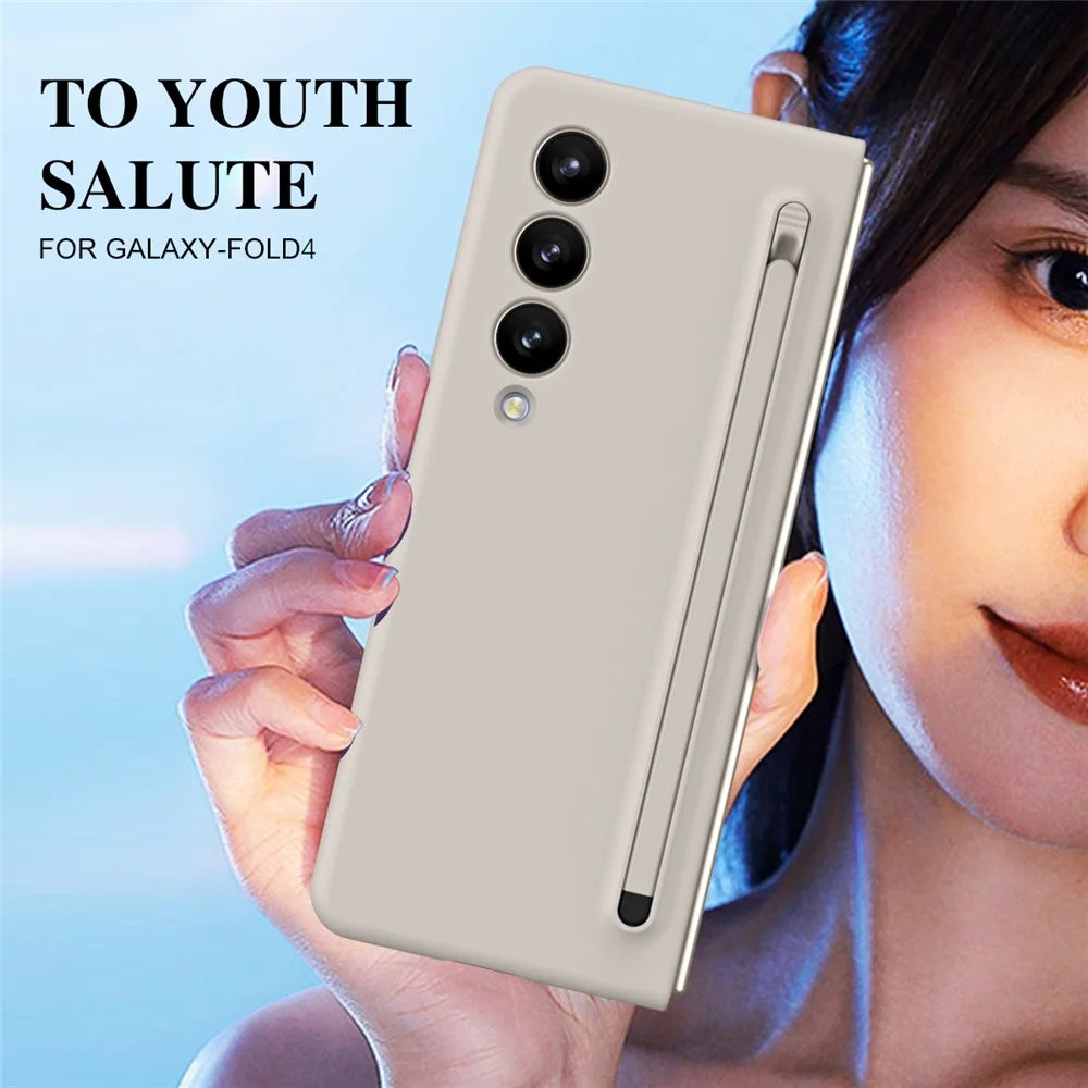 For Samsung Galaxy Z Fold4 5G Case Anti-Drop PC Phone Cover with Stylus / Tempered Glass Film - Light Grey+Grey Stylus - 5