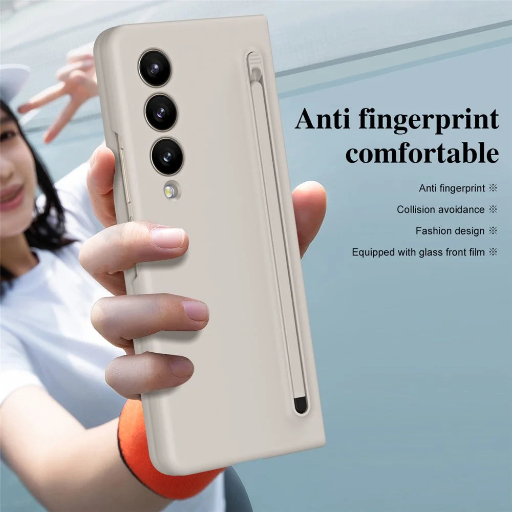 For Samsung Galaxy Z Fold4 5G Case Anti-Drop PC Phone Cover with Stylus / Tempered Glass Film - Light Grey+Grey Stylus - 6