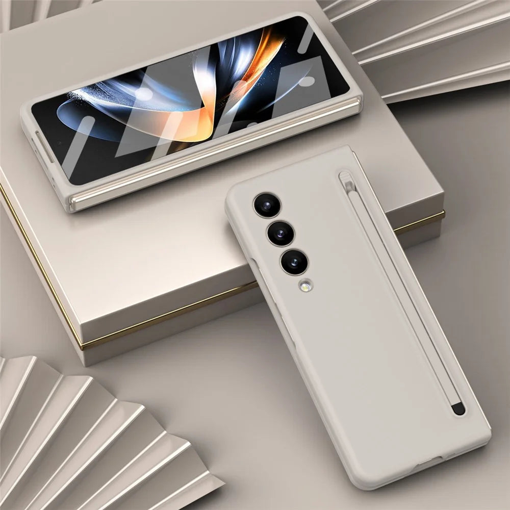 For Samsung Galaxy Z Fold4 5G Case Anti-Drop PC Phone Cover with Stylus / Tempered Glass Film - Light Grey+Grey Stylus - 7