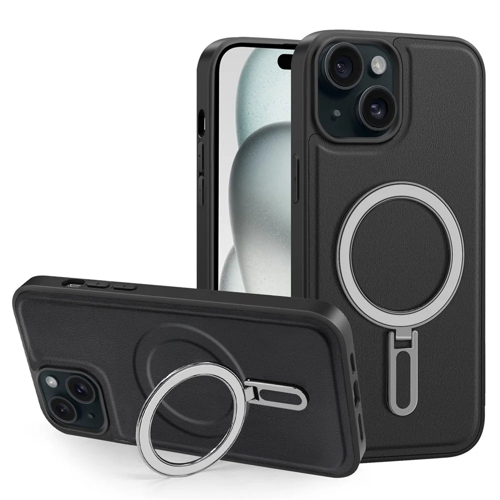 For iPhone 15 Plus Case Ring Kickstand Phone Cover Compatible with MagSafe - Black - 1