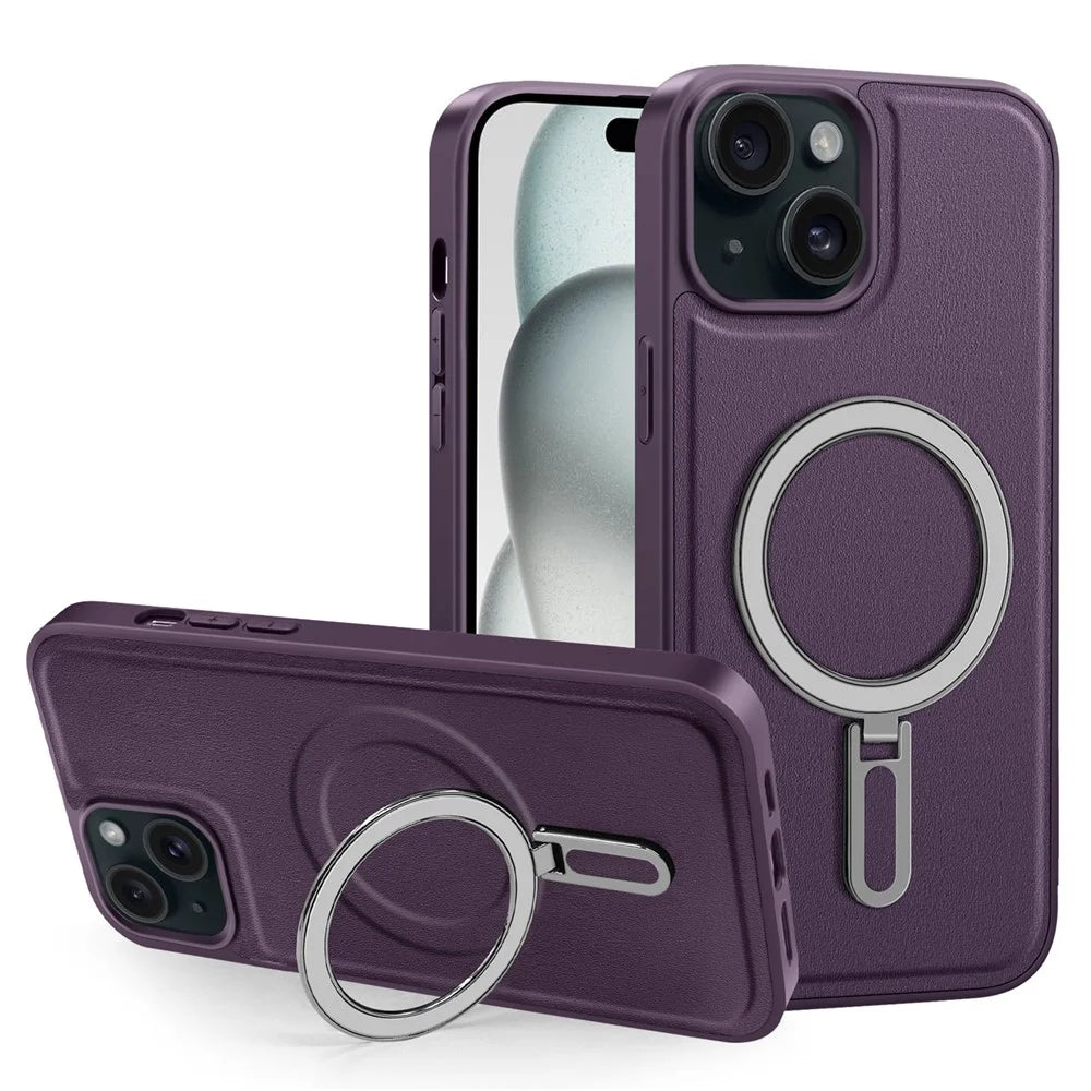 For iPhone 15 Case Leather+PC+TPU Kickstand Phone Cover Compatible with MagSafe - Purple - 1