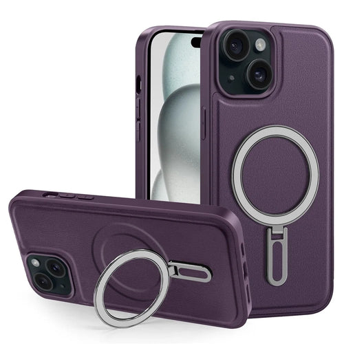 For iPhone 15 Case Leather+PC+TPU Kickstand Phone Cover Compatible with MagSafe - Purple - 1