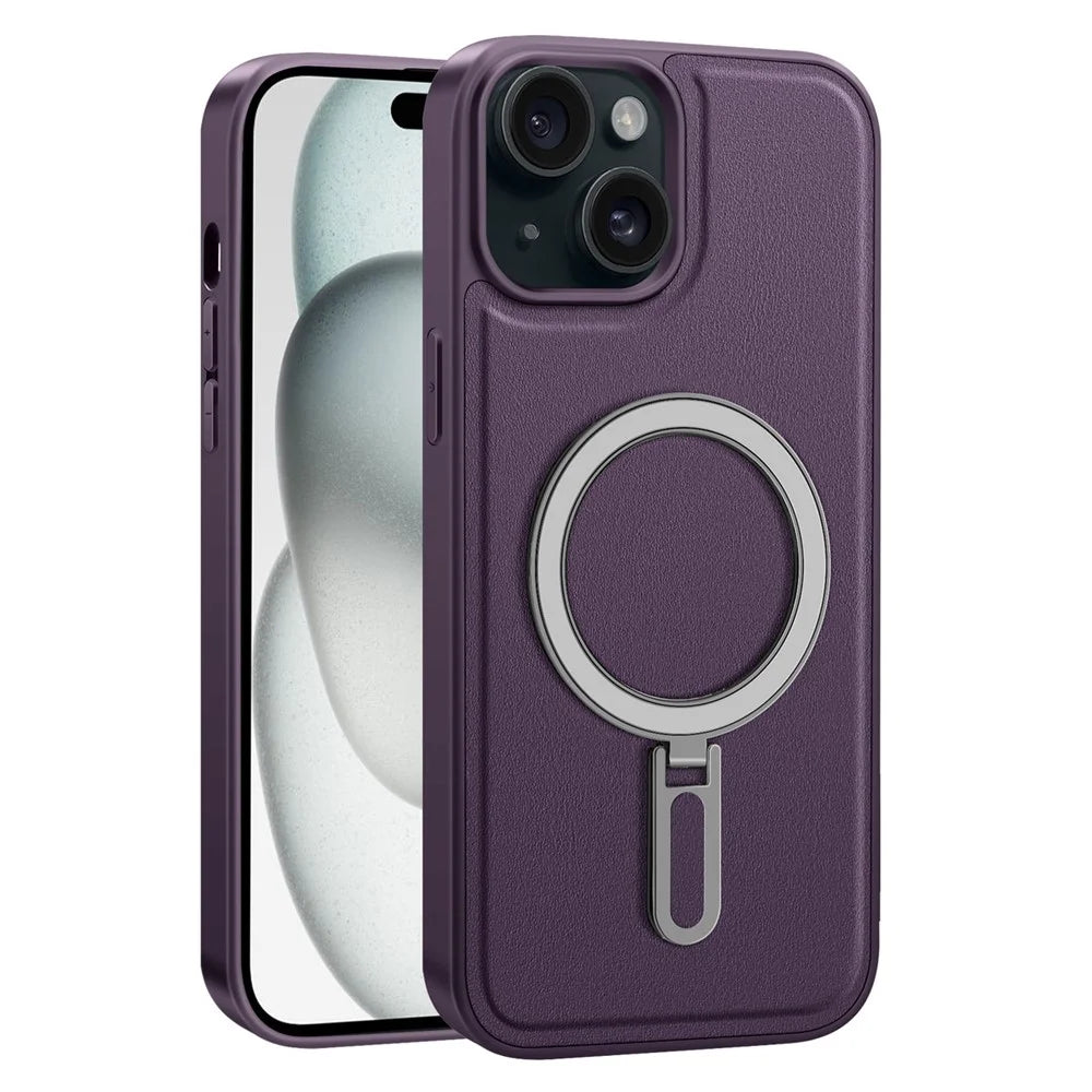 For iPhone 15 Case Leather+PC+TPU Kickstand Phone Cover Compatible with MagSafe - Purple - 2
