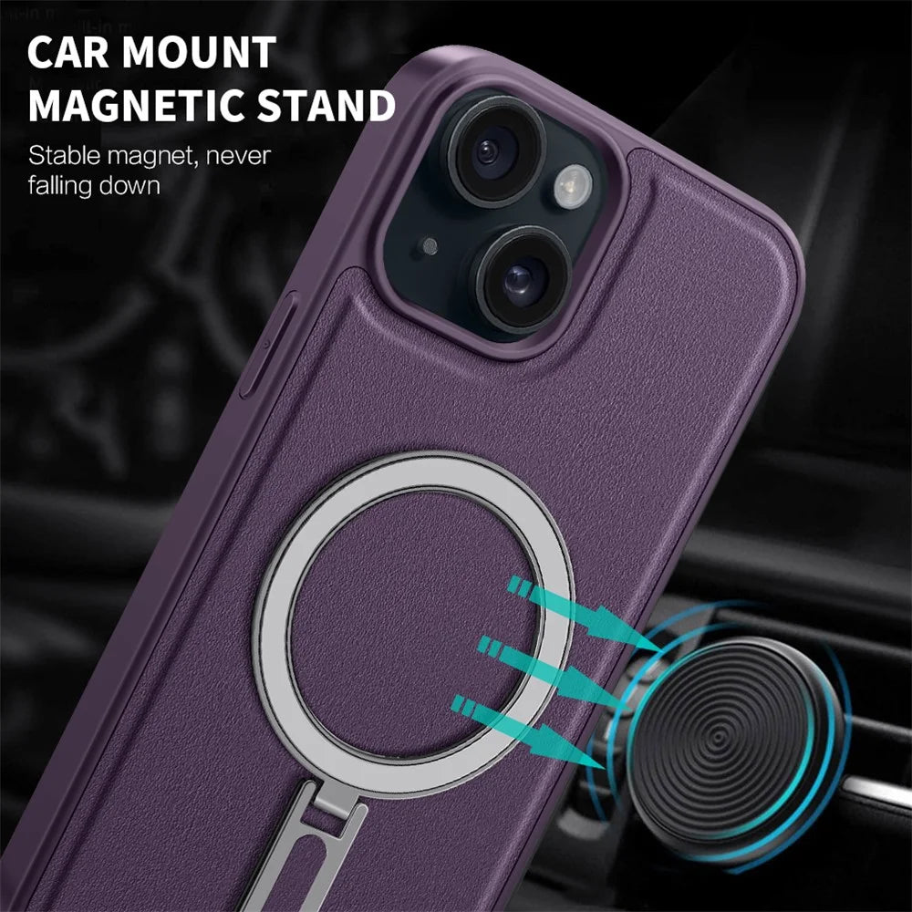 For iPhone 15 Case Leather+PC+TPU Kickstand Phone Cover Compatible with MagSafe - Purple - 5
