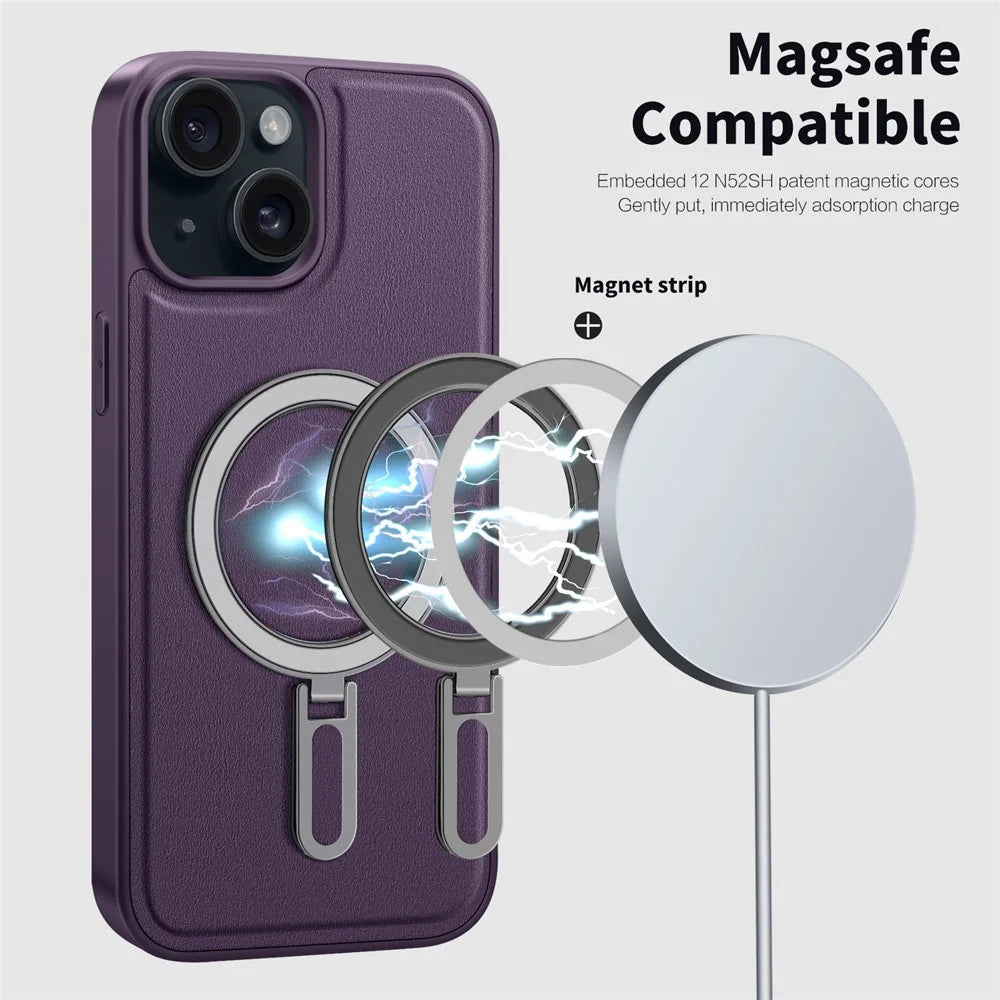 For iPhone 15 Case Leather+PC+TPU Kickstand Phone Cover Compatible with MagSafe - Purple - 6