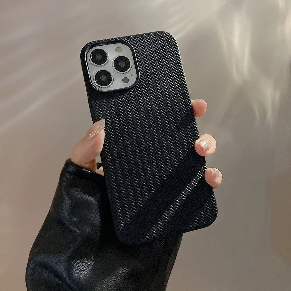 For iPhone 15 Pro Max TPU Case Woven Texture Shockproof Phone Cover - Black - 2