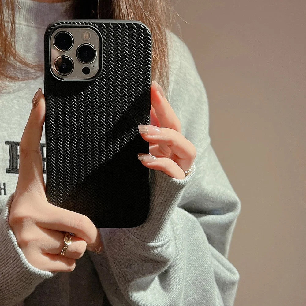 For iPhone 15 Pro Max TPU Case Woven Texture Shockproof Phone Cover - Black - 3