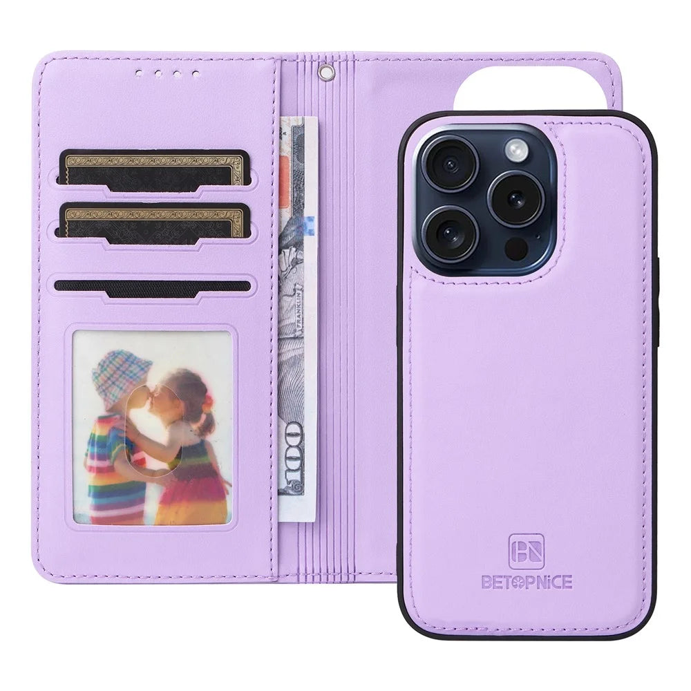 For iPhone 15 Pro Magnetic Case BETOPNICE Detachable PU Leather Phone Cover with Strap - Purple - 2
