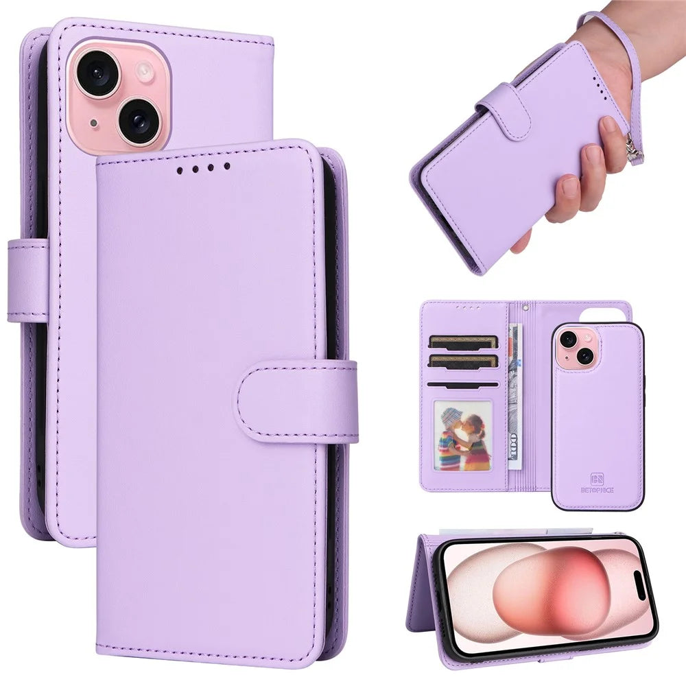 For iPhone 15 Magnetic Case BETOPNICE Detachable PU Leather Phone Cover with Strap - Purple - 1