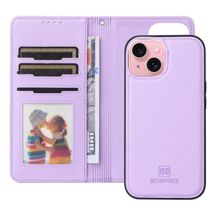 For iPhone 15 Magnetic Case BETOPNICE Detachable PU Leather Phone Cover with Strap - Purple - 2
