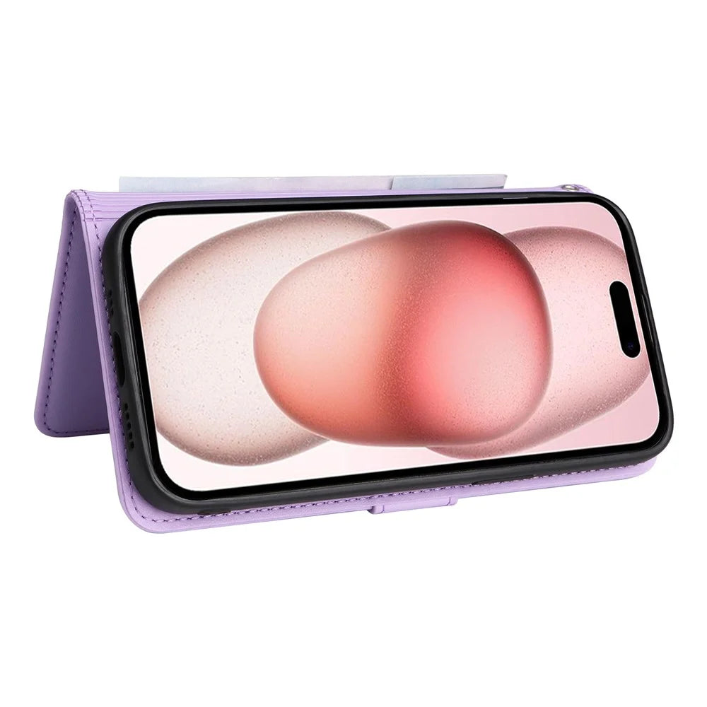 For iPhone 15 Magnetic Case BETOPNICE Detachable PU Leather Phone Cover with Strap - Purple - 3