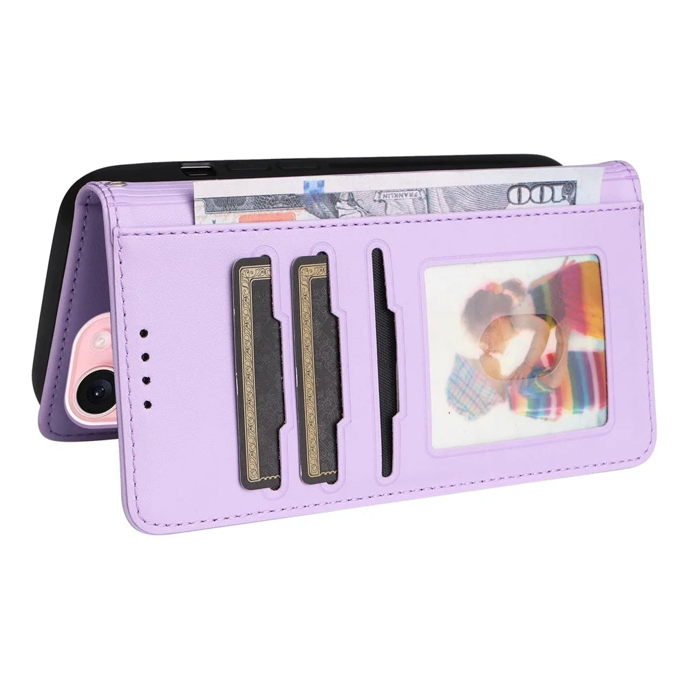 For iPhone 15 Magnetic Case BETOPNICE Detachable PU Leather Phone Cover with Strap - Purple - 4