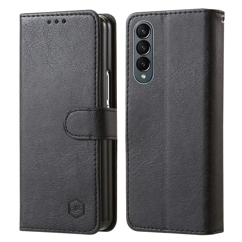 For Samsung Galaxy Z Fold4 5G Case PU Leather Shockproof Case Solid Color Wallet Phone Cover - Black - 1
