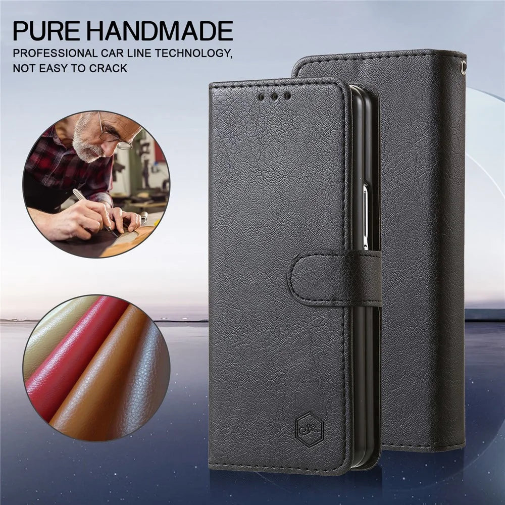For Samsung Galaxy Z Fold4 5G Case PU Leather Shockproof Case Solid Color Wallet Phone Cover - Black - 3